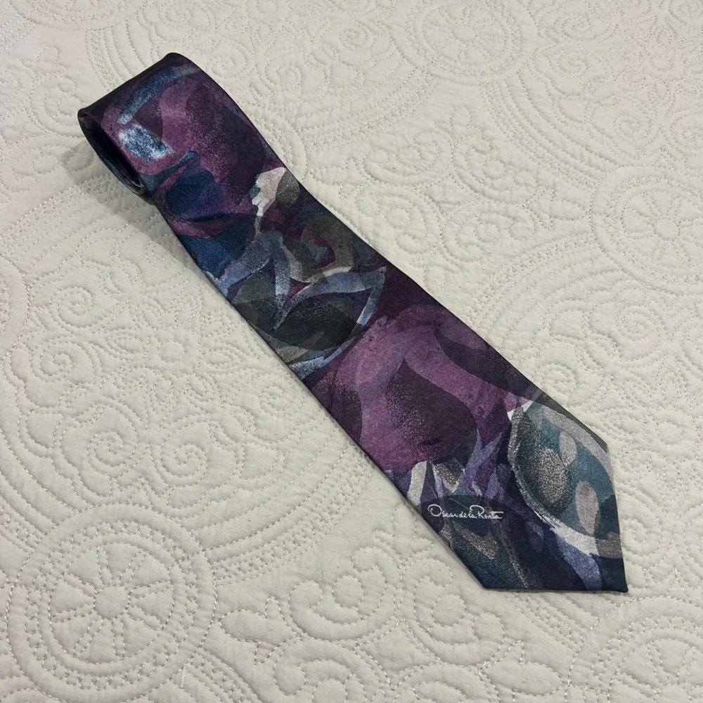 Oscar de la Renta Studio Mens Purple‎ Abstract Floral Silk Blend Tie Made in USA